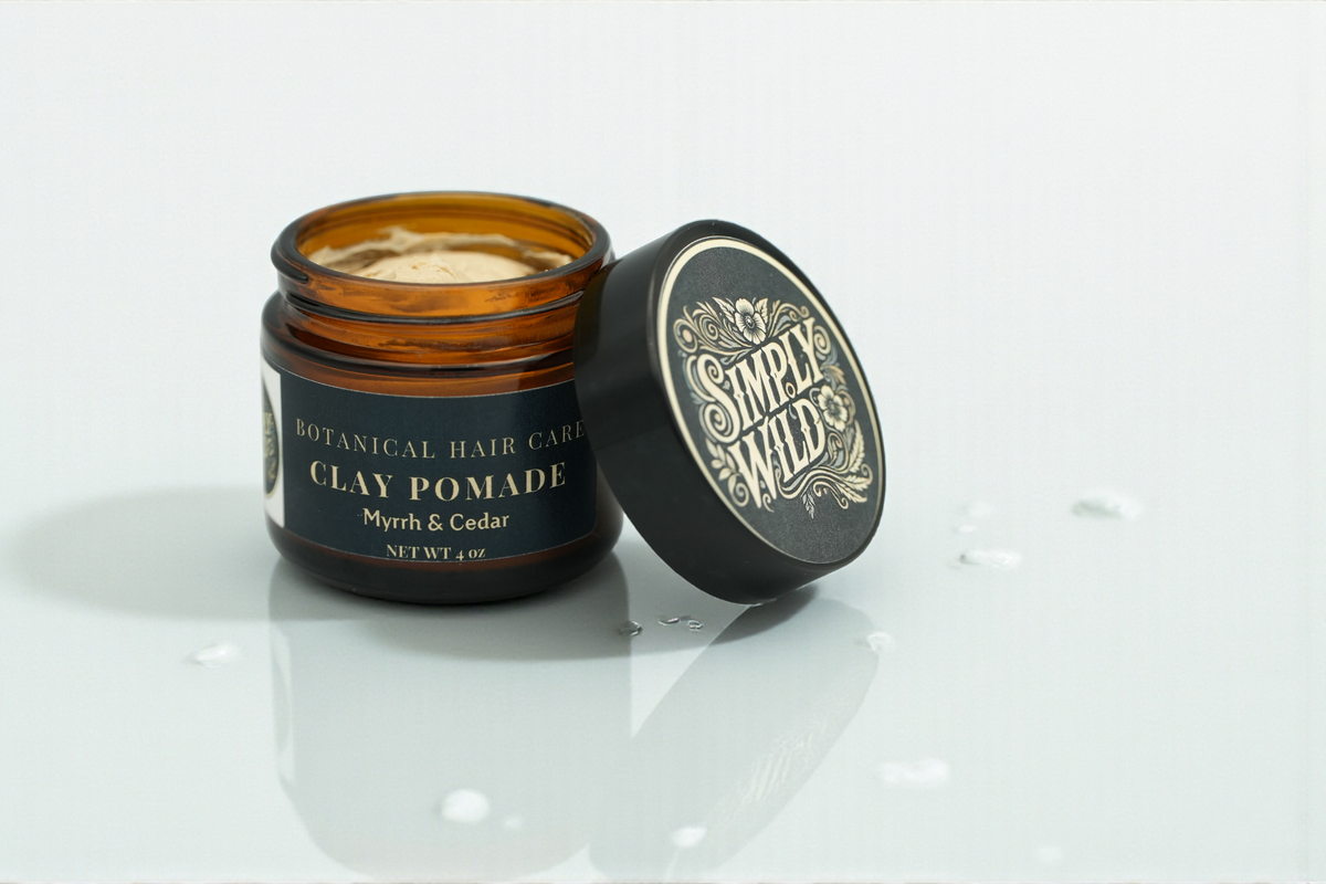 Open jar of Simply Wild clay pomade showing the styling balm inside