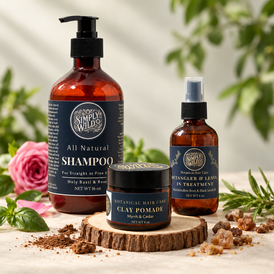 Simply Wild Hair Revival Bundle with Holy Basil & Rose shampoo, Marshmallow Root Detangler & Leave-In Treatment, and Clay Pomade.